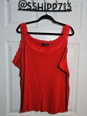 Basic Editions 100% Cotton Red Lace-Trim Ribbed Tank Top